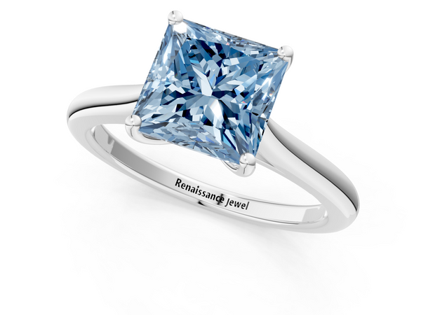 Platinum Fancy Blue Princess  Cut Solitaire Ring with Cathedral Band and Four-Prong Setting
