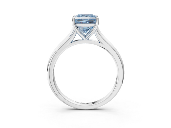 Platinum Fancy Blue Princess  Cut Solitaire Ring with Cathedral Band and Four-Prong Setting