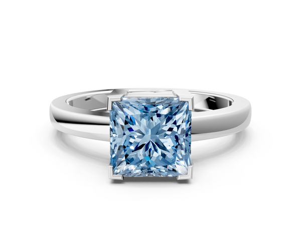 Platinum Fancy Blue Princess  Cut Solitaire Ring with Four-Prong Setting and Classic Band