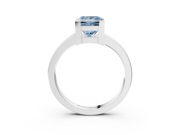 Platinum Fancy Blue Princess  Cut Solitaire Ring with Four-Prong Setting and Classic Band