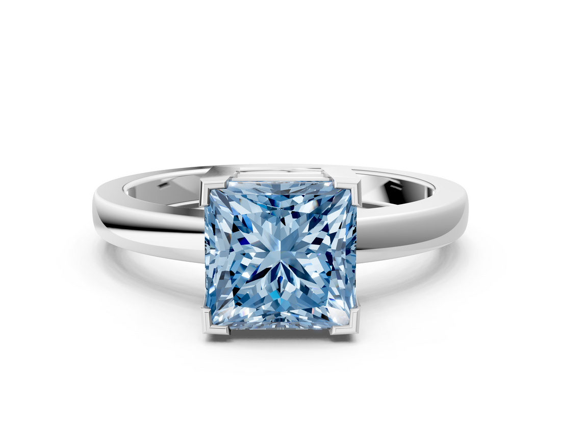 White gold Fancy Blue Princess  Cut Solitaire Ring with Four-Prong Setting and Classic Band_48