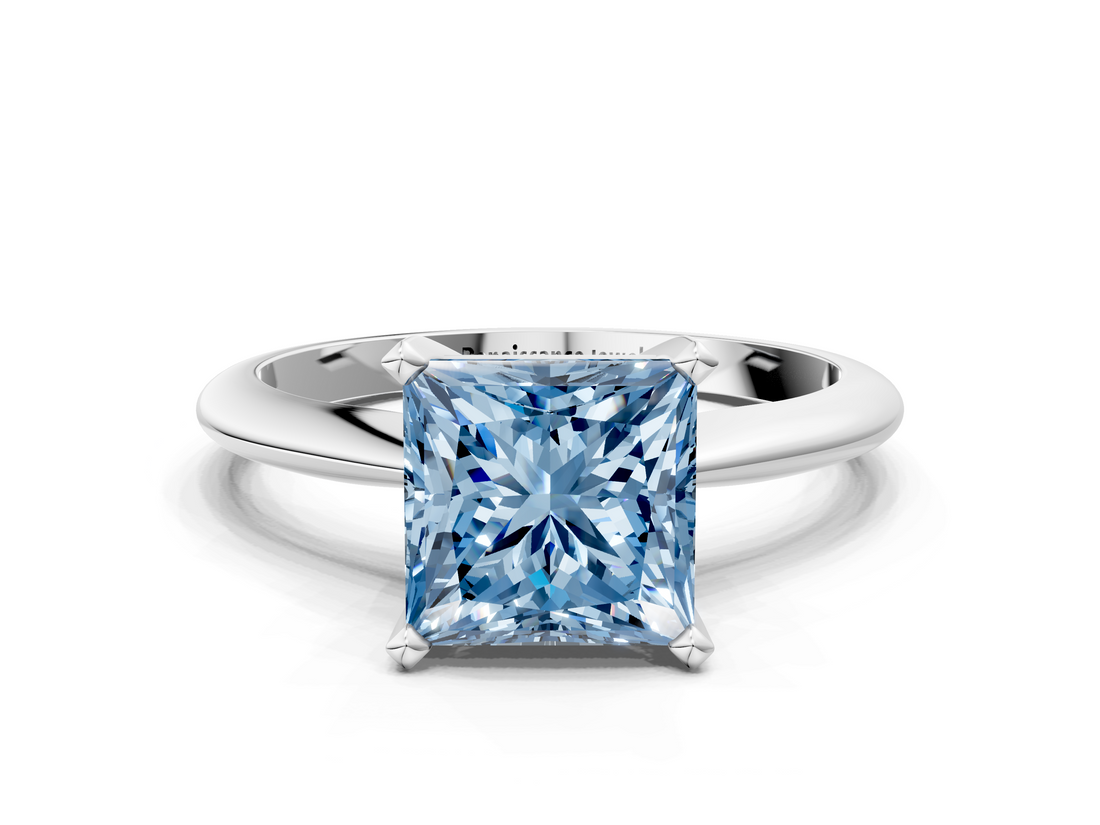 White gold Fancy Blue Princess  Cut Solitaire Ring with Four-Prong Setting on a Classic Band_28