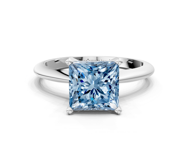 Platinum Fancy Blue Princess  Cut Solitaire Ring with Four-Prong Setting on a Classic Band