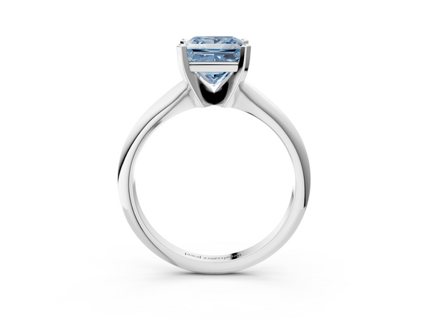 Platinum Fancy Blue Princess  Cut Solitaire Ring with Four-Prong Setting on a Classic Band