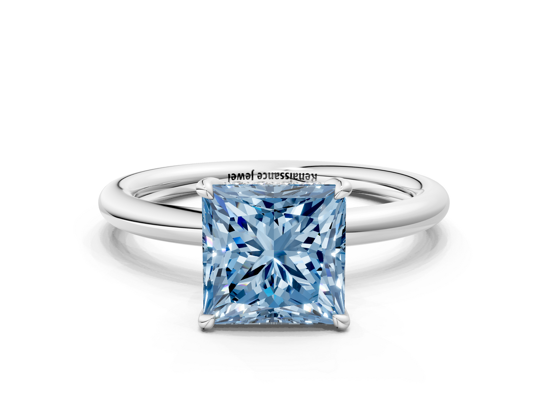 White gold Fancy Blue Princess  Cut Solitaire Ring with Thin Band and Four-Prong Setting_16