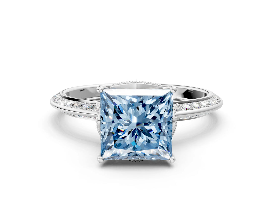 White gold Fancy Blue Princess Cut Solitaire Split Shank Pave Diamond Engagement Ring with Four-Prong Setting_24