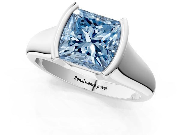 Platinum Fancy Blue Princess Cut Solitaire Tension Set Diamond Ring with Split Shank Band