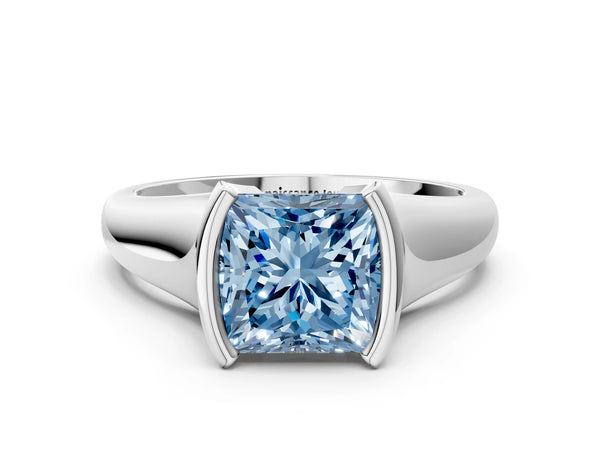 Platinum Fancy Blue Princess Cut Solitaire Tension Set Diamond Ring with Split Shank Band