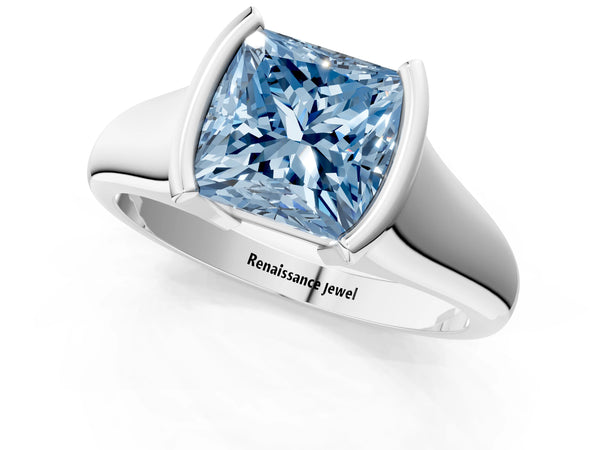 Platinum Fancy Blue Princess Cut Solitaire Tension Set Diamond Ring with Split Shank Band