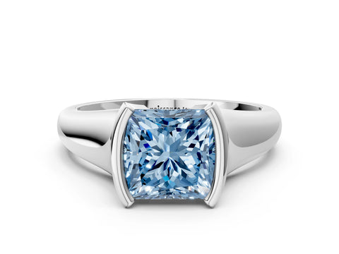 White gold Fancy Blue Princess Cut Solitaire Tension Set Diamond Ring with Split Shank Band
