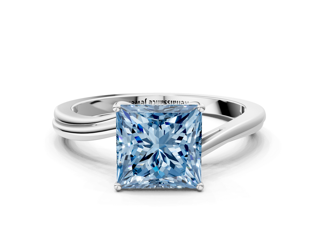 White gold Fancy Blue Princess  Cut Solitaire Twist Band Ring with Four-Prong Setting_20