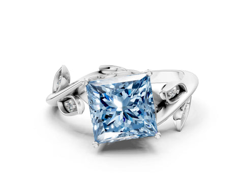 White gold Fancy Blue Princess Cut Solitaire Twist Engagement Ring with Leaf Accents and Prong Setting_12