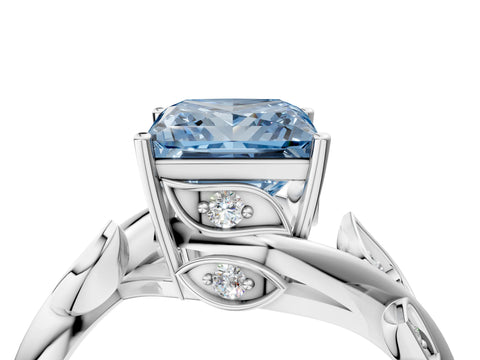 White gold Fancy Blue Princess Cut Solitaire Twist Engagement Ring with Leaf Accents and Prong Setting_16
