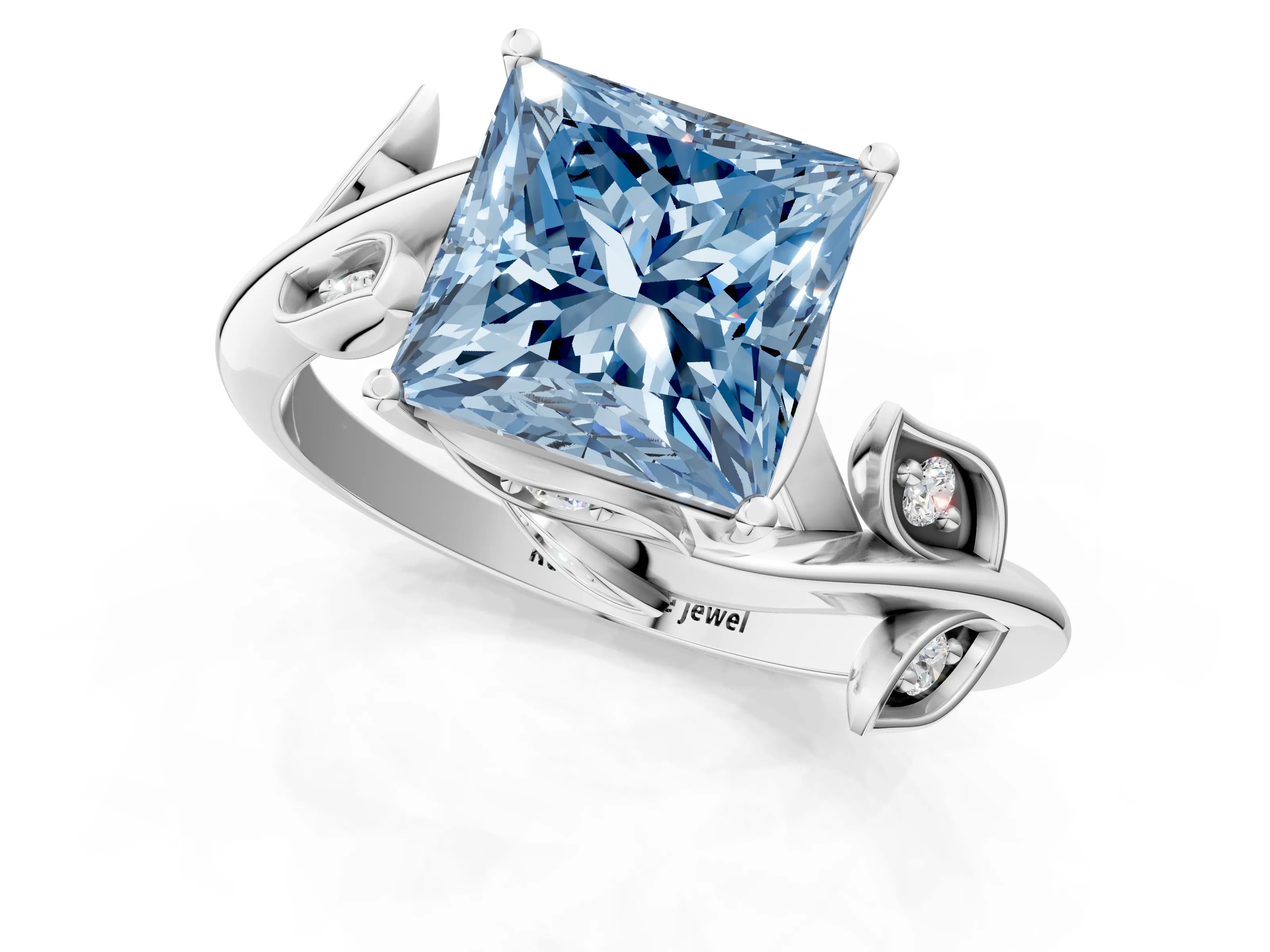 White gold Fancy Blue Princess Cut Solitaire Twist Engagement Ring with Leaf Accents and Prong Setting_1