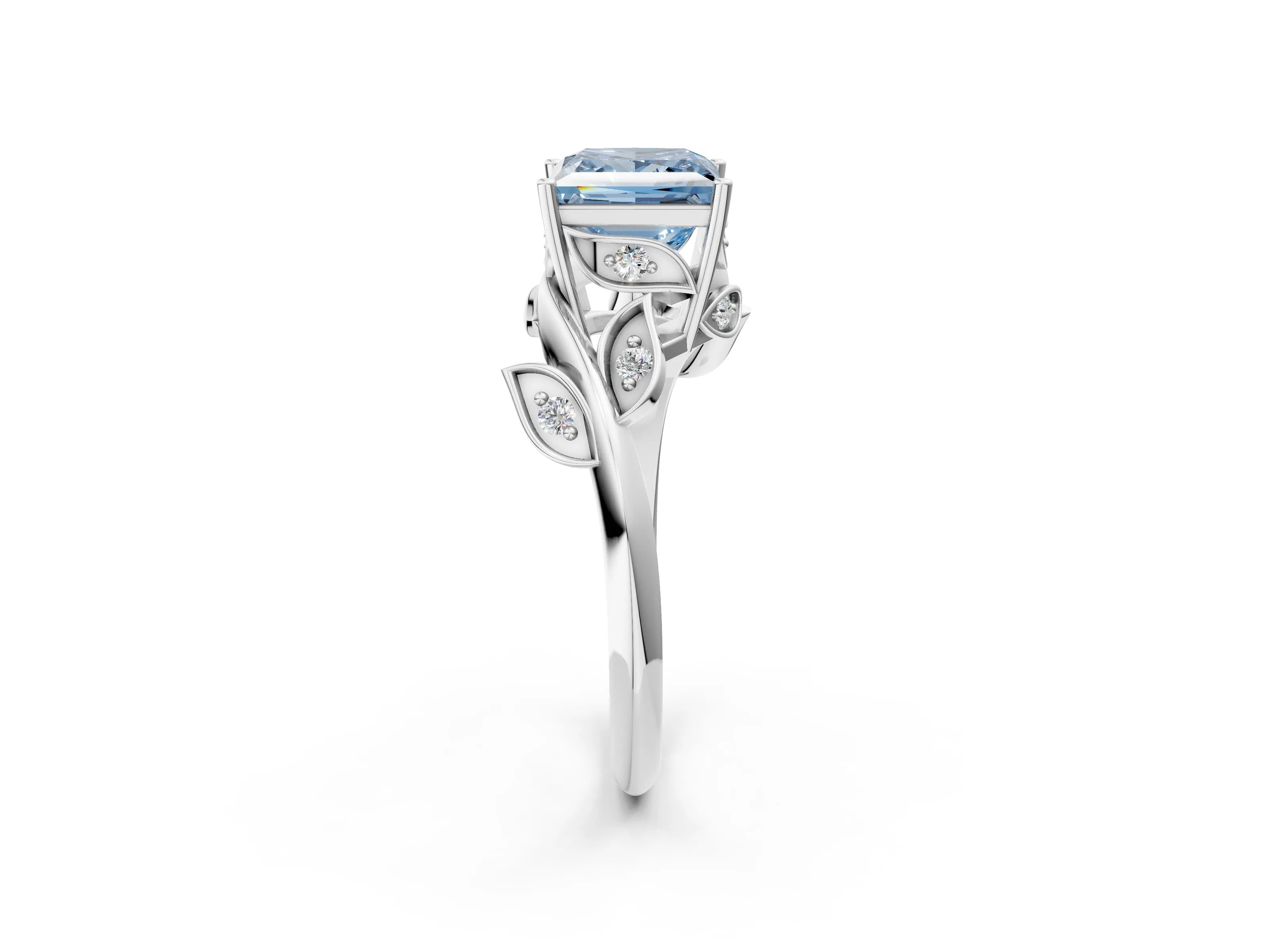 White gold Fancy Blue Princess Cut Solitaire Twist Engagement Ring with Leaf Accents and Prong Setting_2