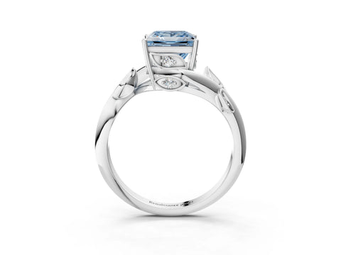 White gold Fancy Blue Princess Cut Solitaire Twist Engagement Ring with Leaf Accents and Prong Setting_3