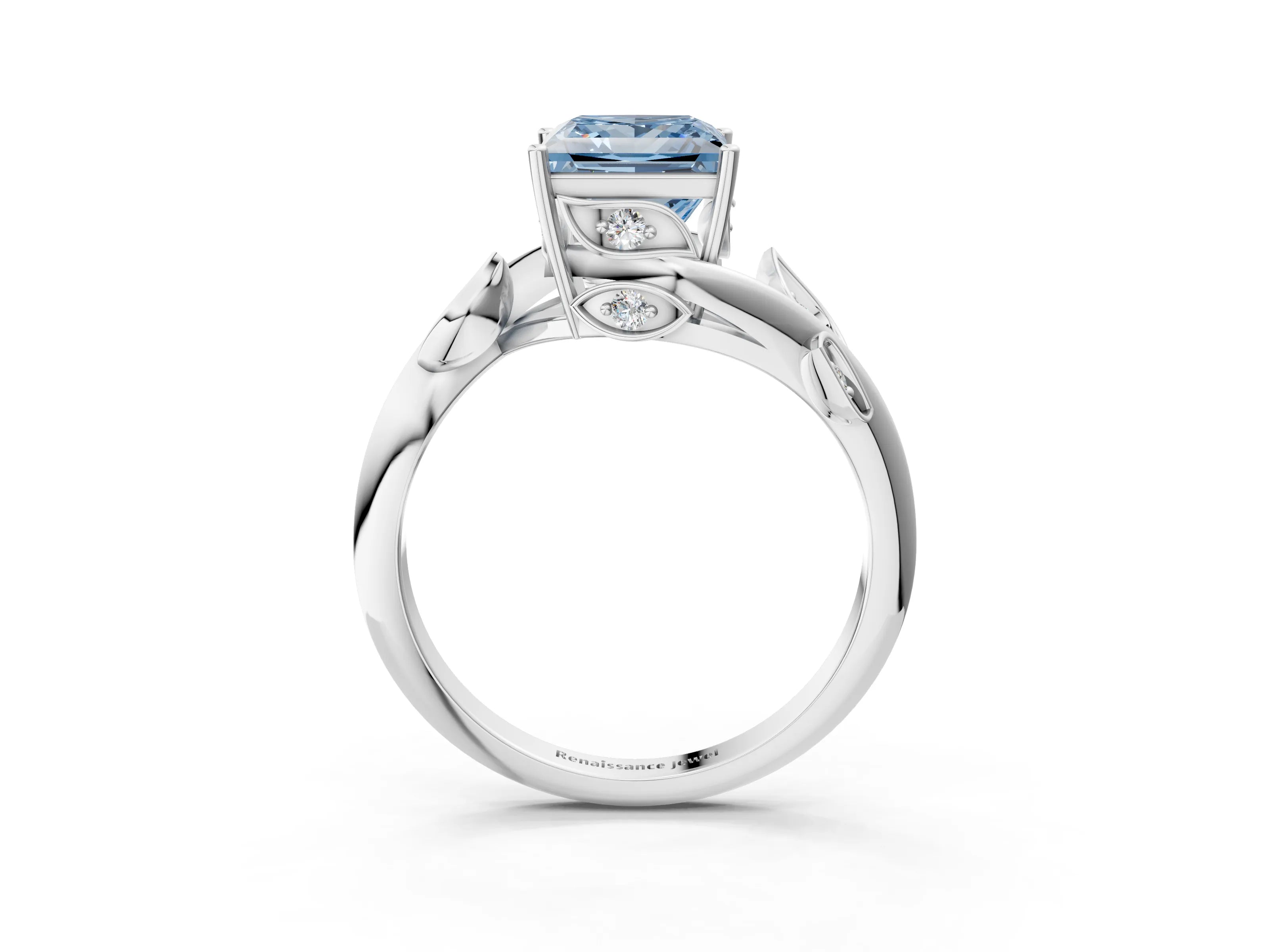 White gold Fancy Blue Princess Cut Solitaire Twist Engagement Ring with Leaf Accents and Prong Setting_3
