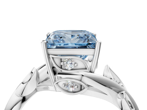 White gold Fancy Blue Princess Cut Solitaire Twist Engagement Ring with Leaf Accents and Prong Setting_4