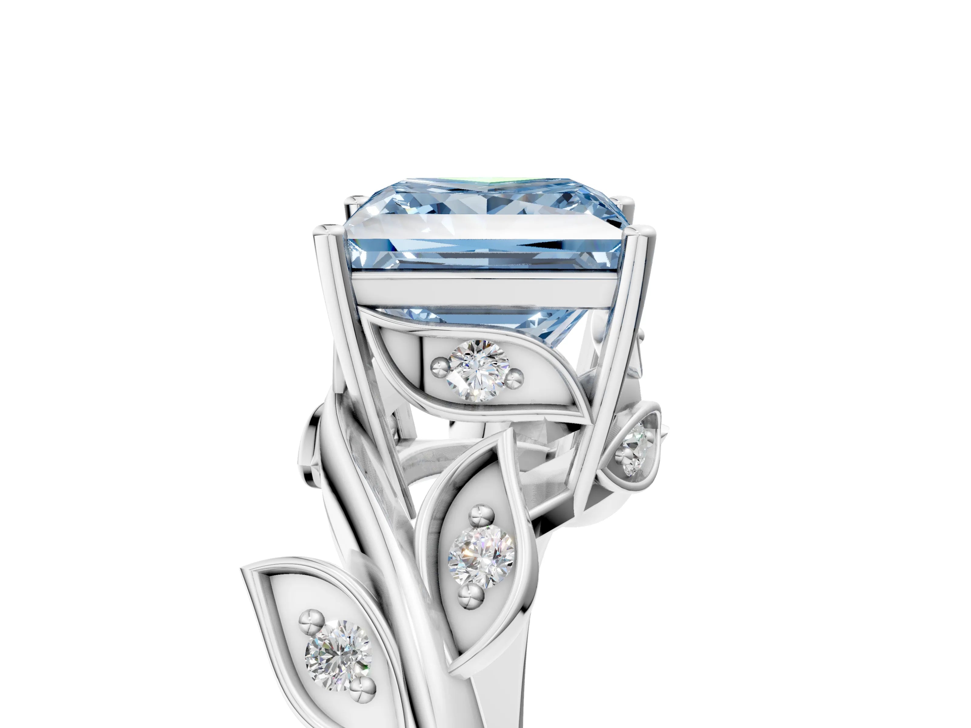 White gold Fancy Blue Princess Cut Solitaire Twist Engagement Ring with Leaf Accents and Prong Setting_5