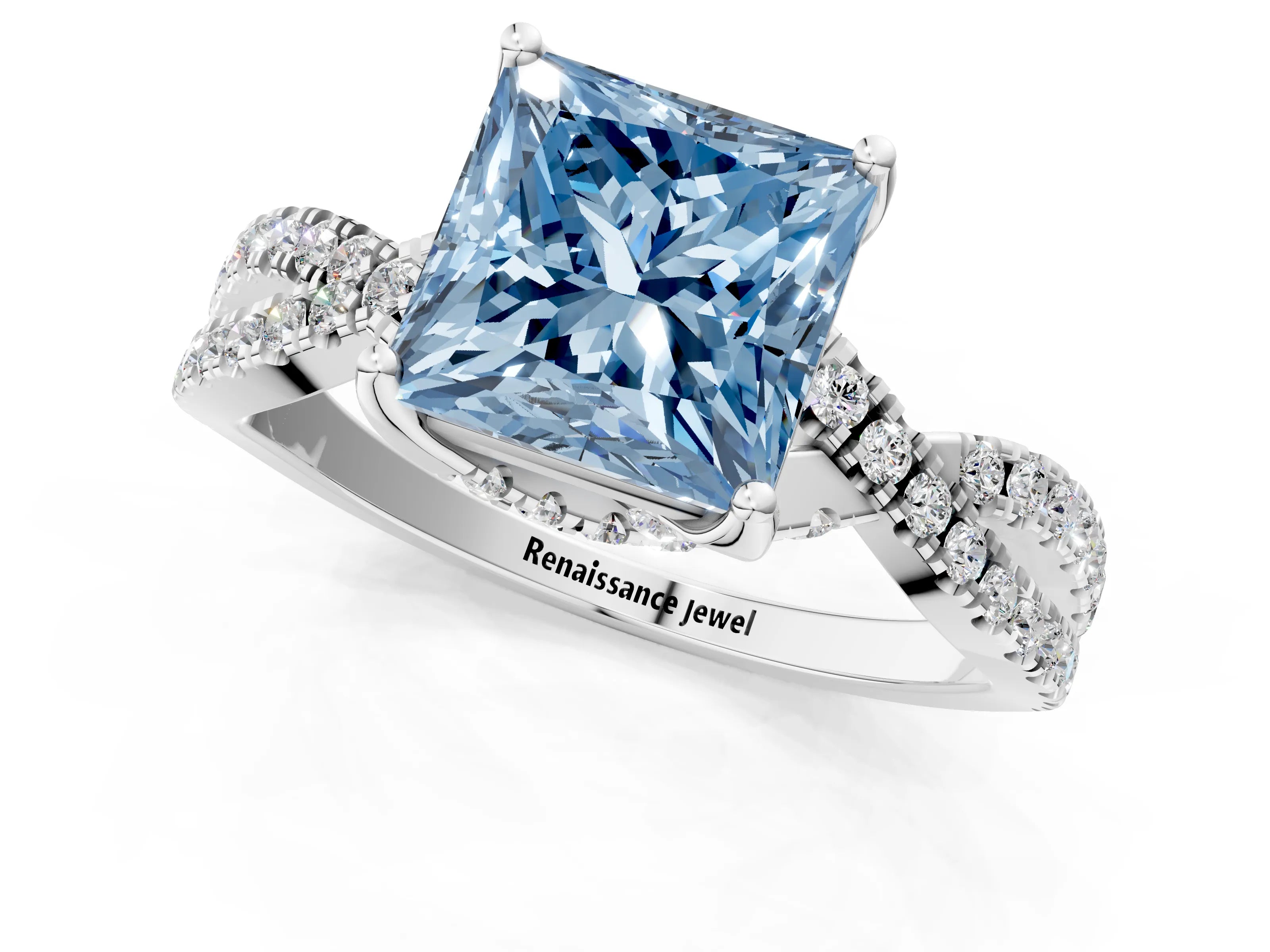 White gold Fancy Blue Princess Cut Solitaire Twist Pave Diamond Engagement Ring with Prong Setting_1