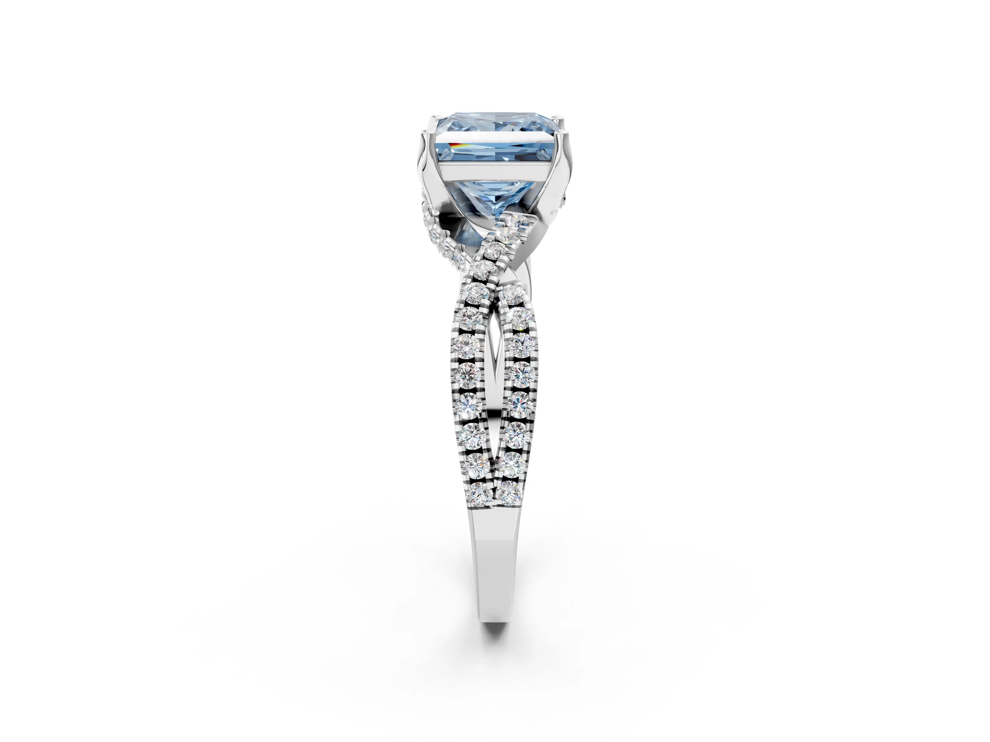 White gold Fancy Blue Princess Cut Solitaire Twist Pave Diamond Engagement Ring with Prong Setting_14