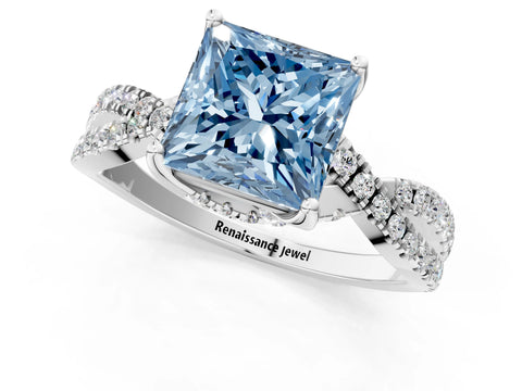 White gold Fancy Blue Princess Cut Solitaire Twist Pave Diamond Engagement Ring with Prong Setting_1