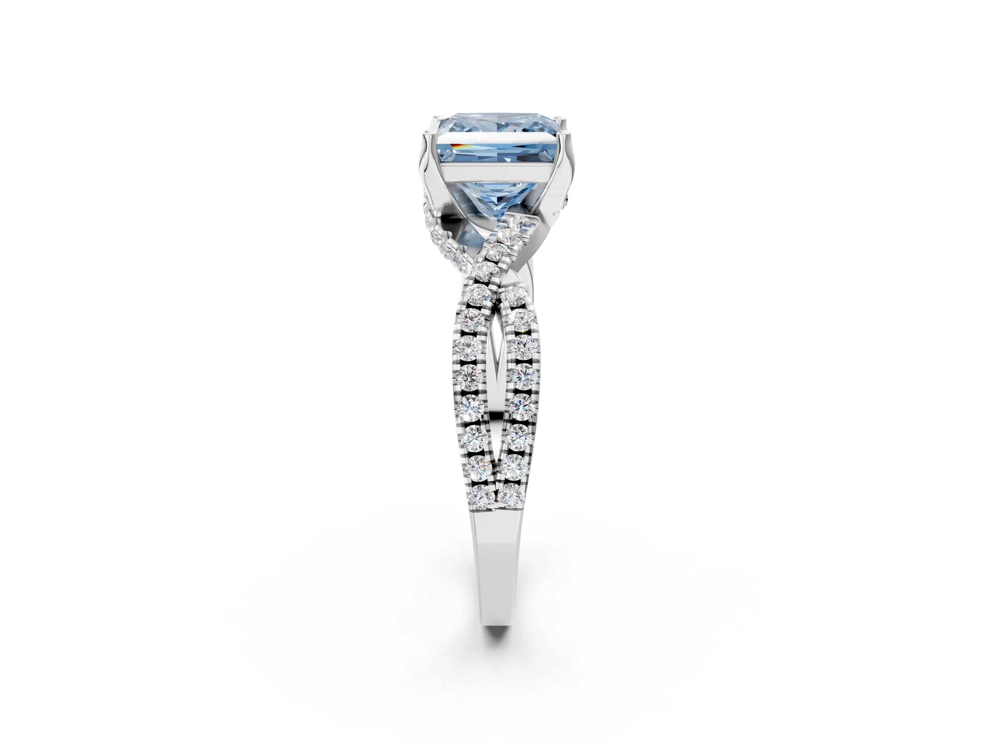 White gold Fancy Blue Princess Cut Solitaire Twist Pave Diamond Engagement Ring with Prong Setting_26