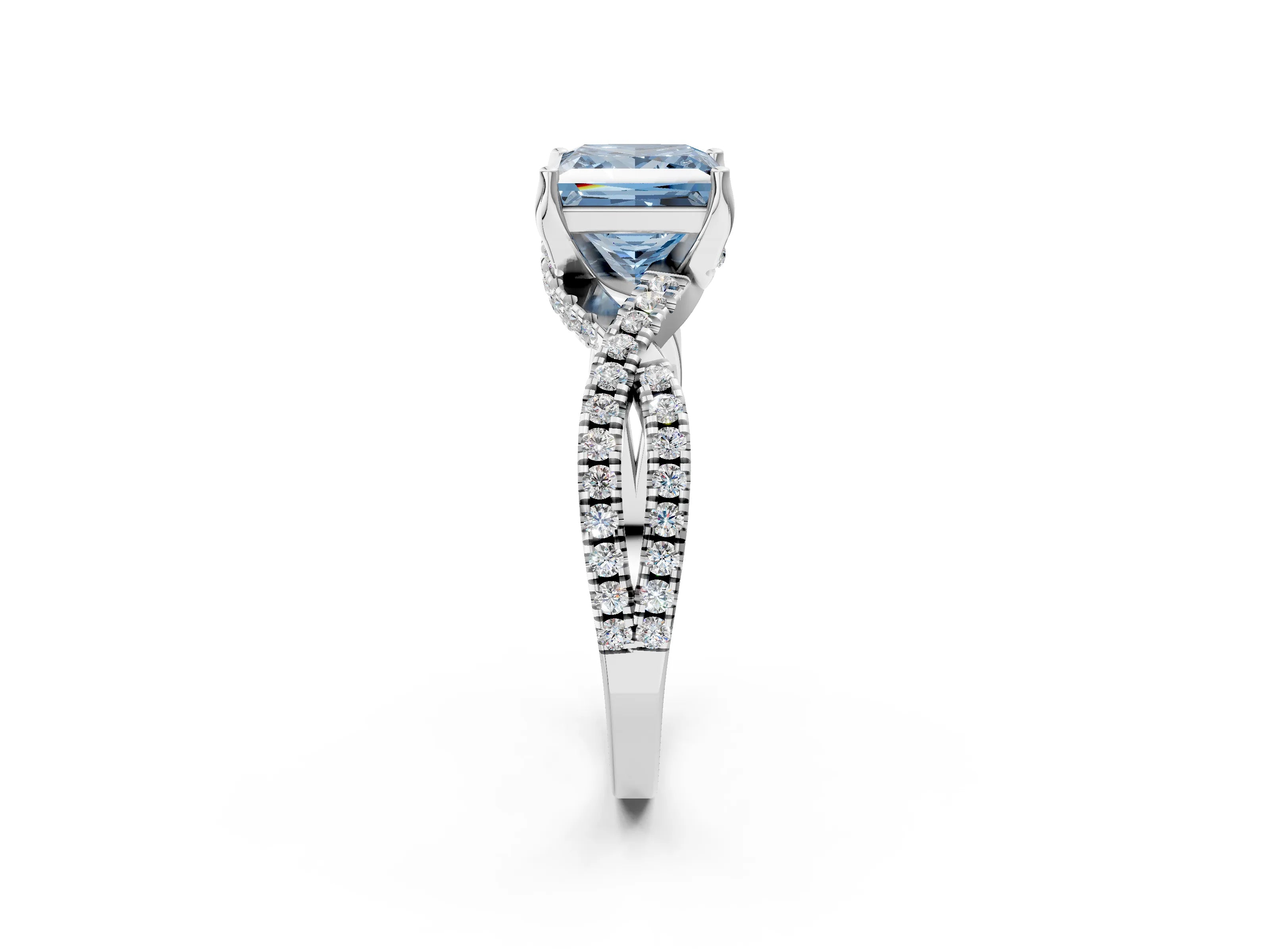 White gold Fancy Blue Princess Cut Solitaire Twist Pave Diamond Engagement Ring with Prong Setting_2