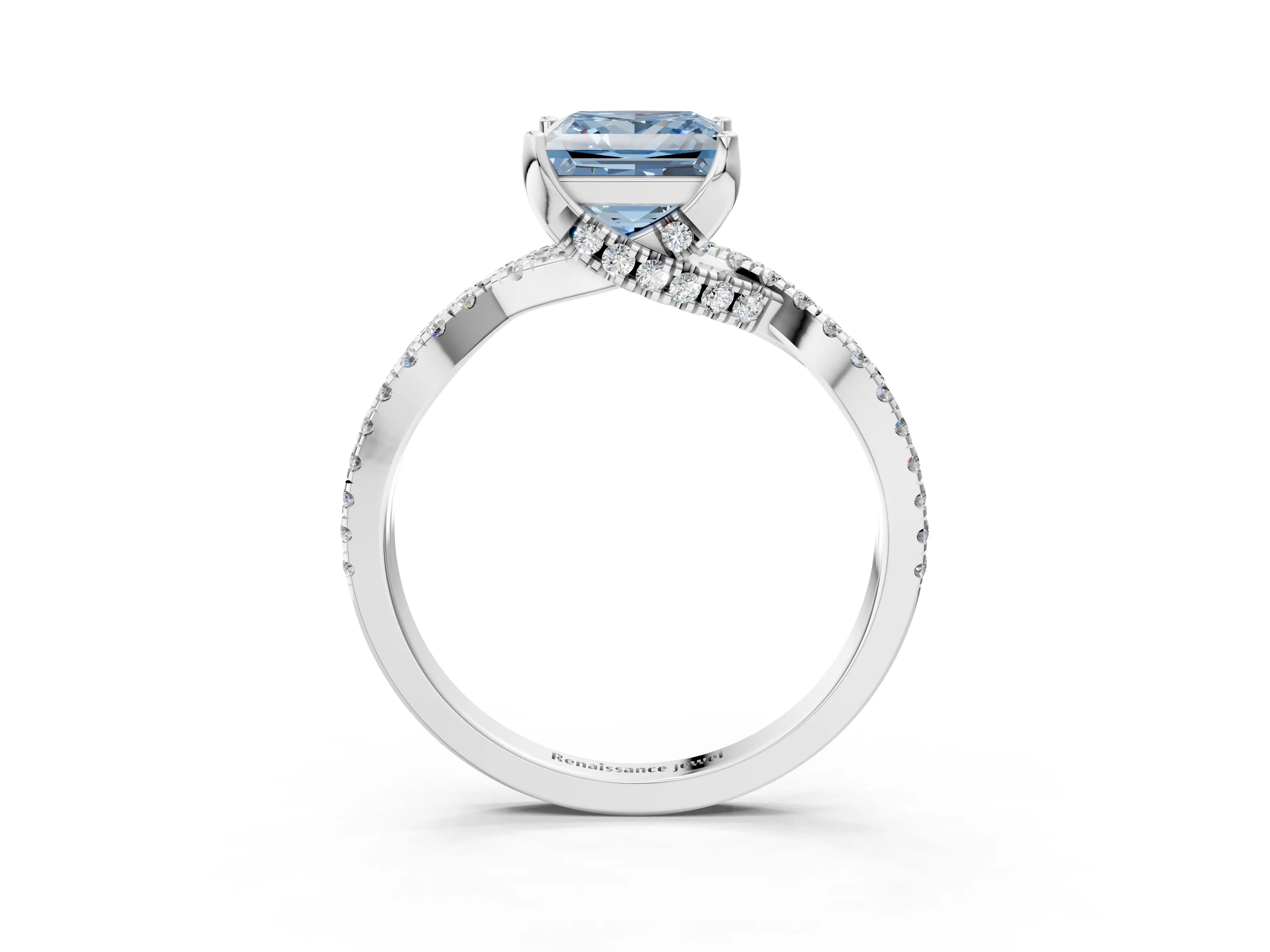 White gold Fancy Blue Princess Cut Solitaire Twist Pave Diamond Engagement Ring with Prong Setting_3