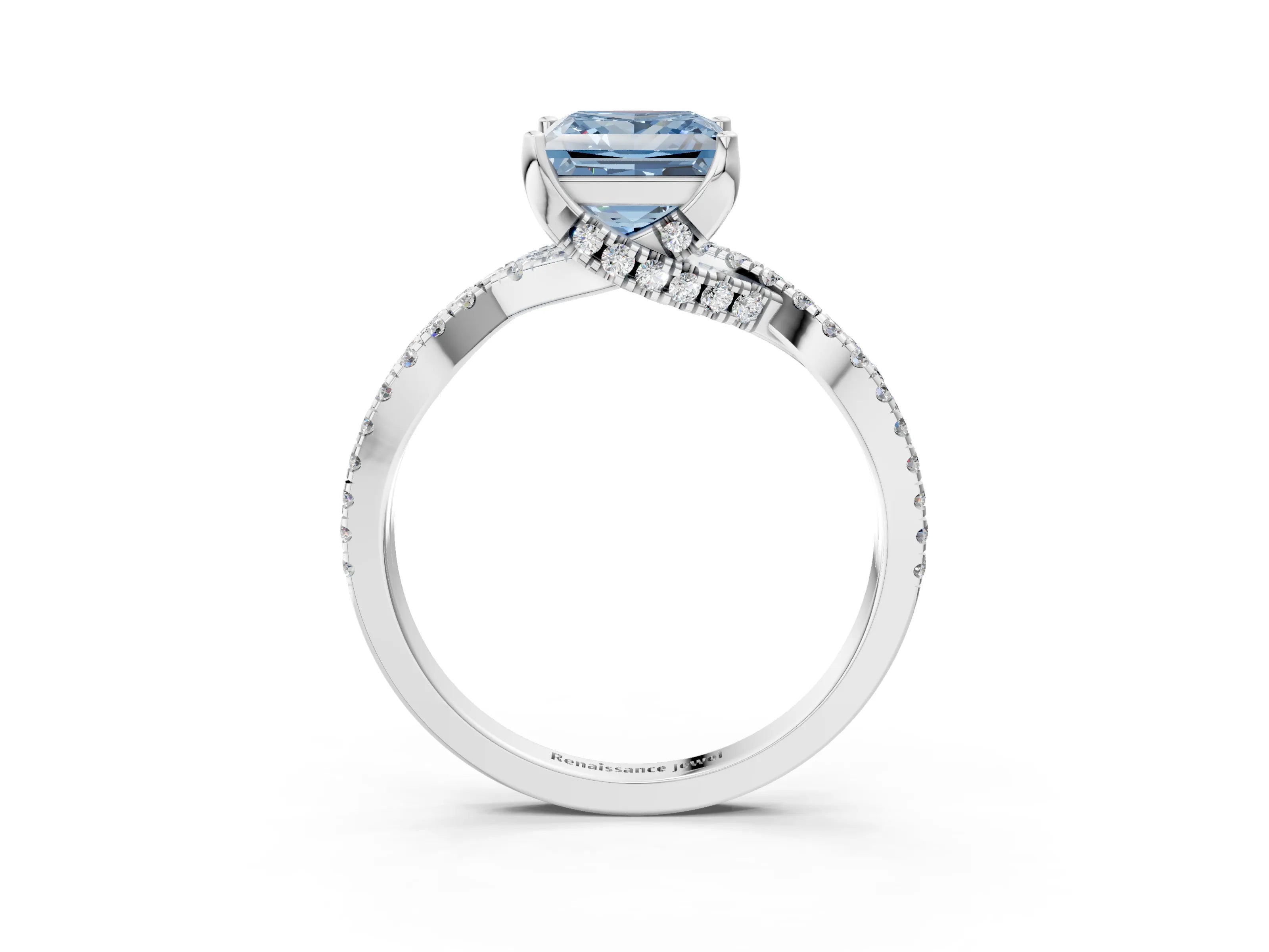 White gold Fancy Blue Princess Cut Solitaire Twist Pave Diamond Engagement Ring with Prong Setting_3