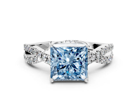 White gold Fancy Blue Princess Cut Solitaire Twist Pave Diamond Engagement Ring with Prong Setting
