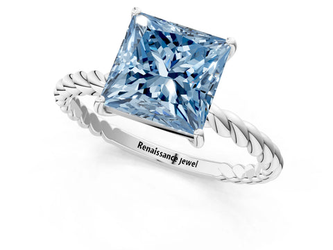 White gold Fancy Blue Princess Cut Solitaire Twisted Band 4-Prong Ring_25