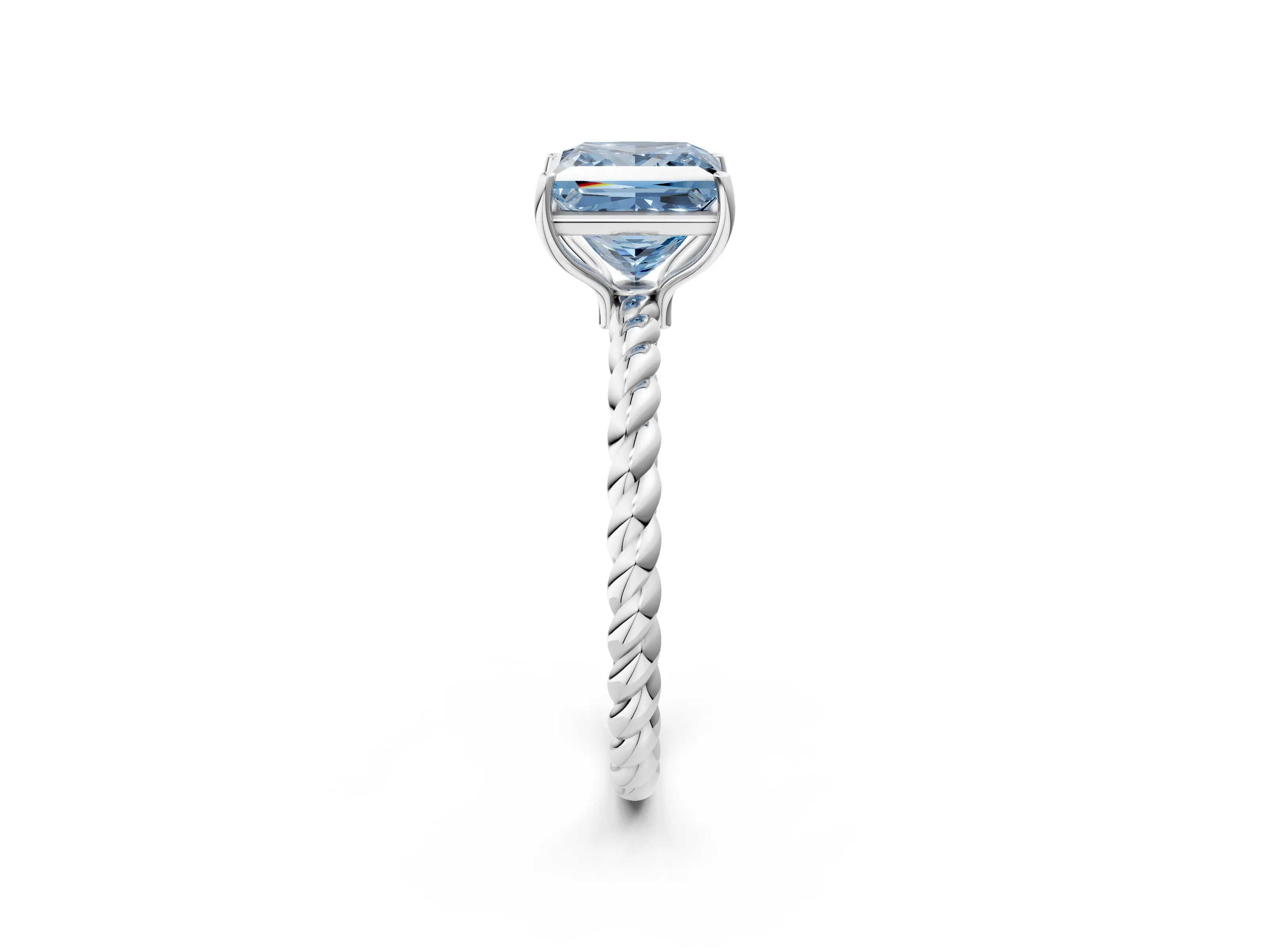 White gold Fancy Blue Princess Cut Solitaire Twisted Band 4-Prong Ring_2