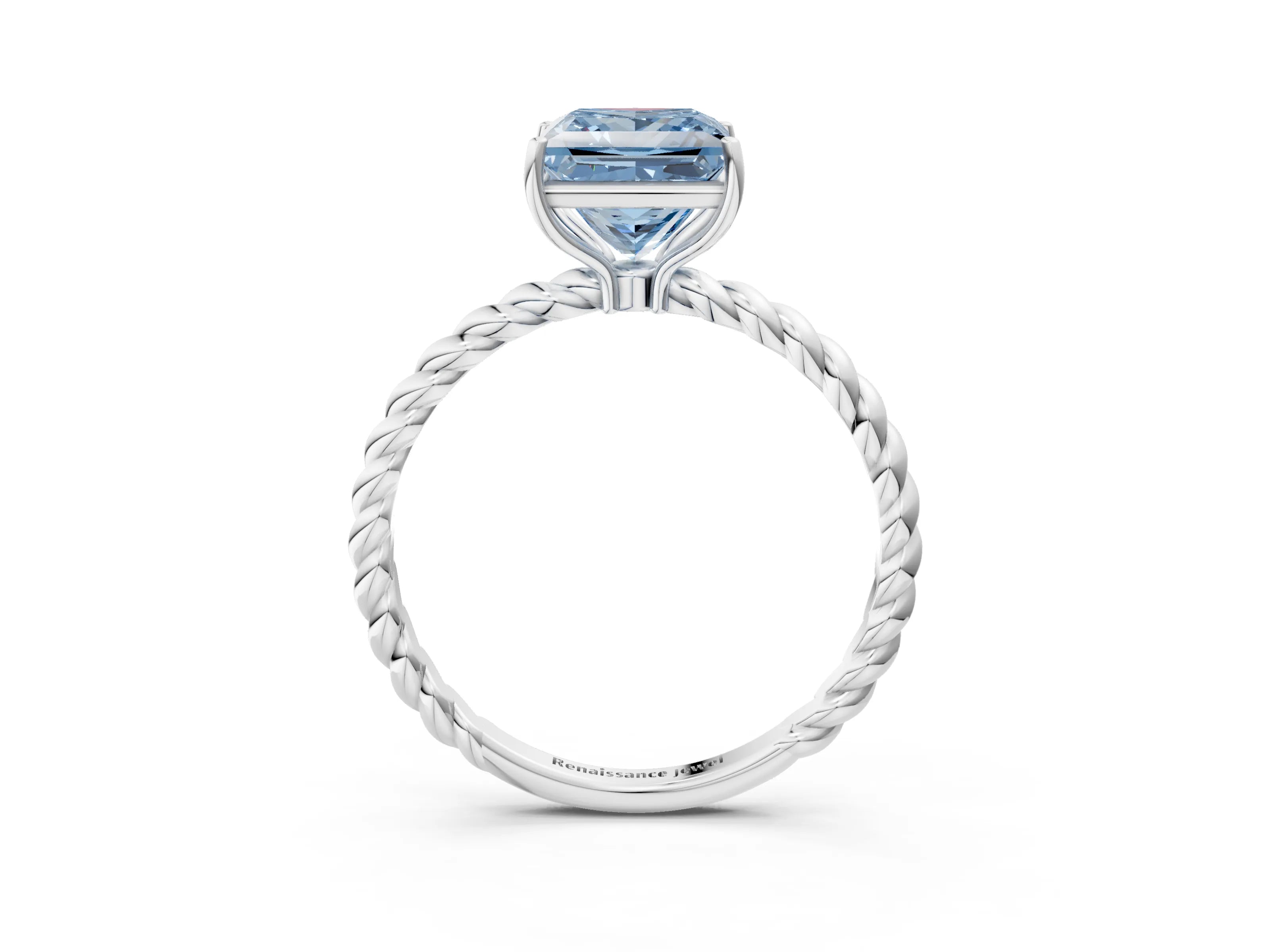 White gold Fancy Blue Princess Cut Solitaire Twisted Band 4-Prong Ring_3