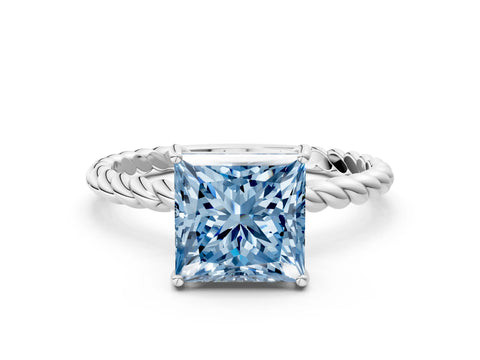 White gold Fancy Blue Princess Cut Solitaire Twisted Band 4-Prong Ring