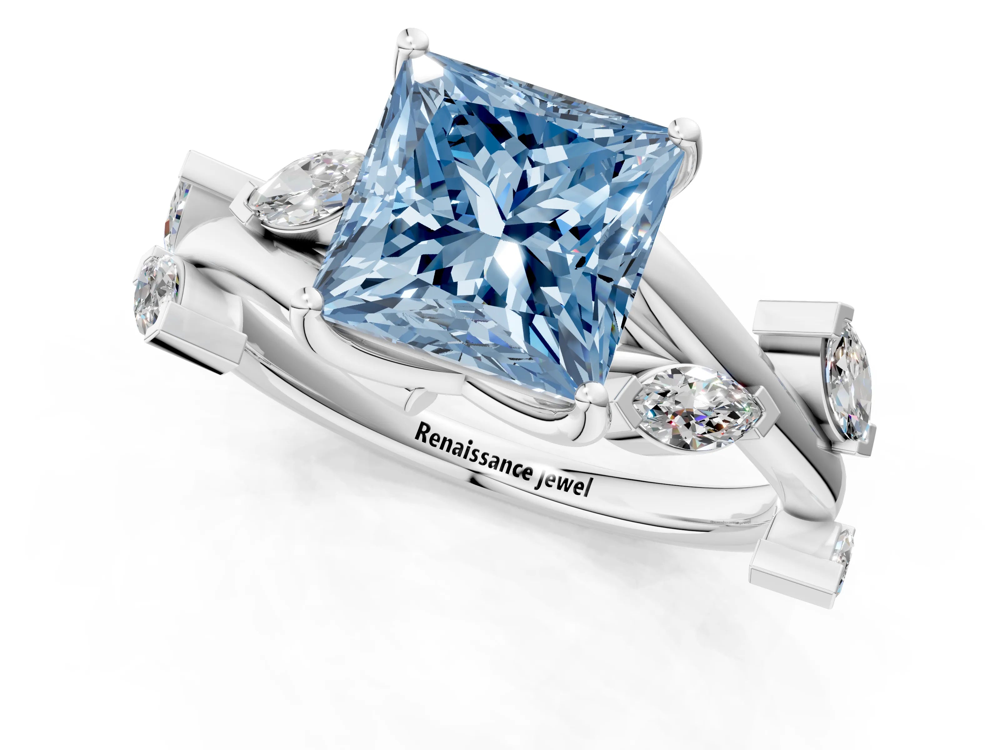 White gold Fancy Blue Princess Cut Solitaire Twisted Band Marquise Accent Prong Setting Ring_1