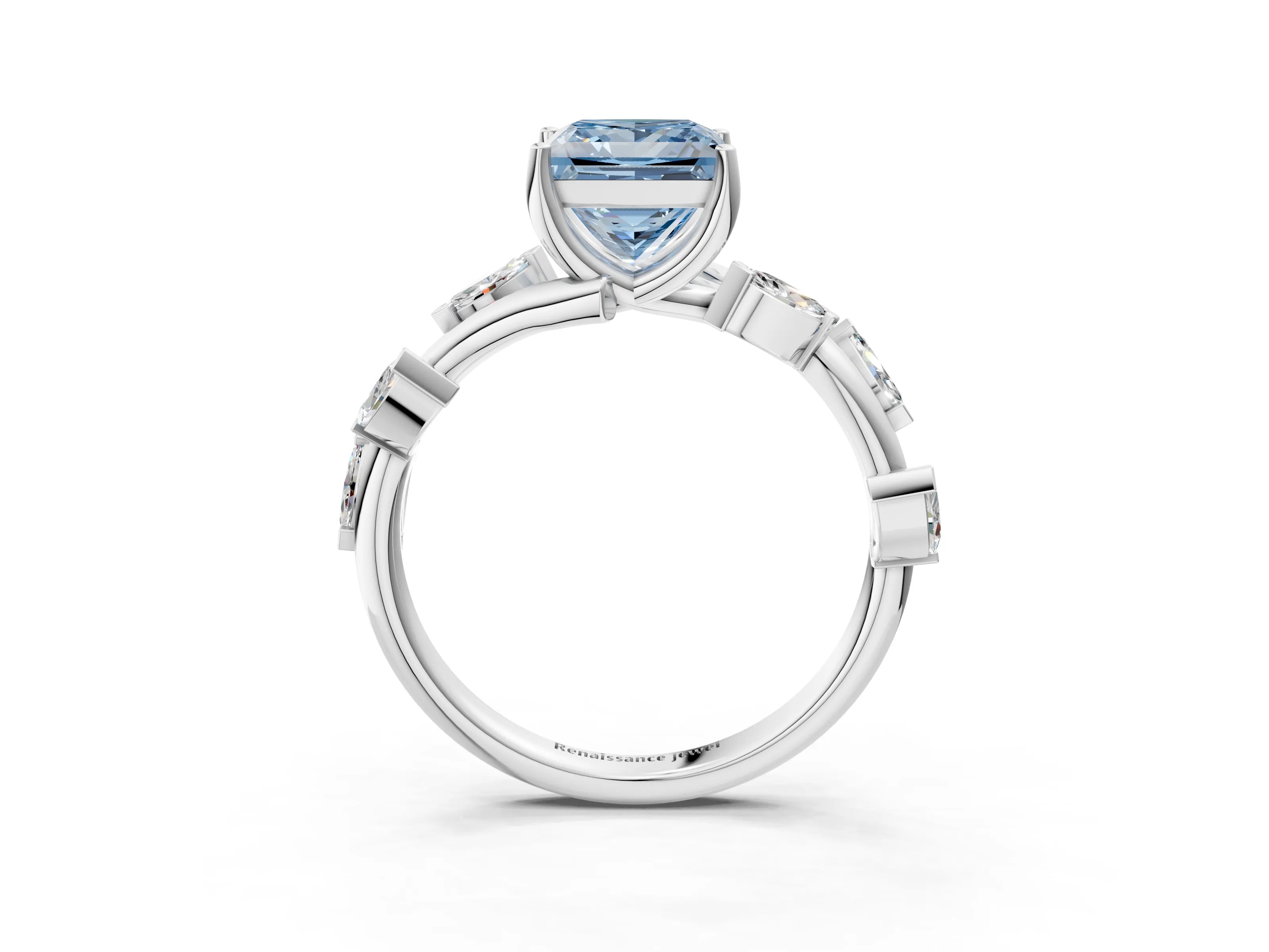 White gold Fancy Blue Princess Cut Solitaire Twisted Band Marquise Accent Prong Setting Ring_3