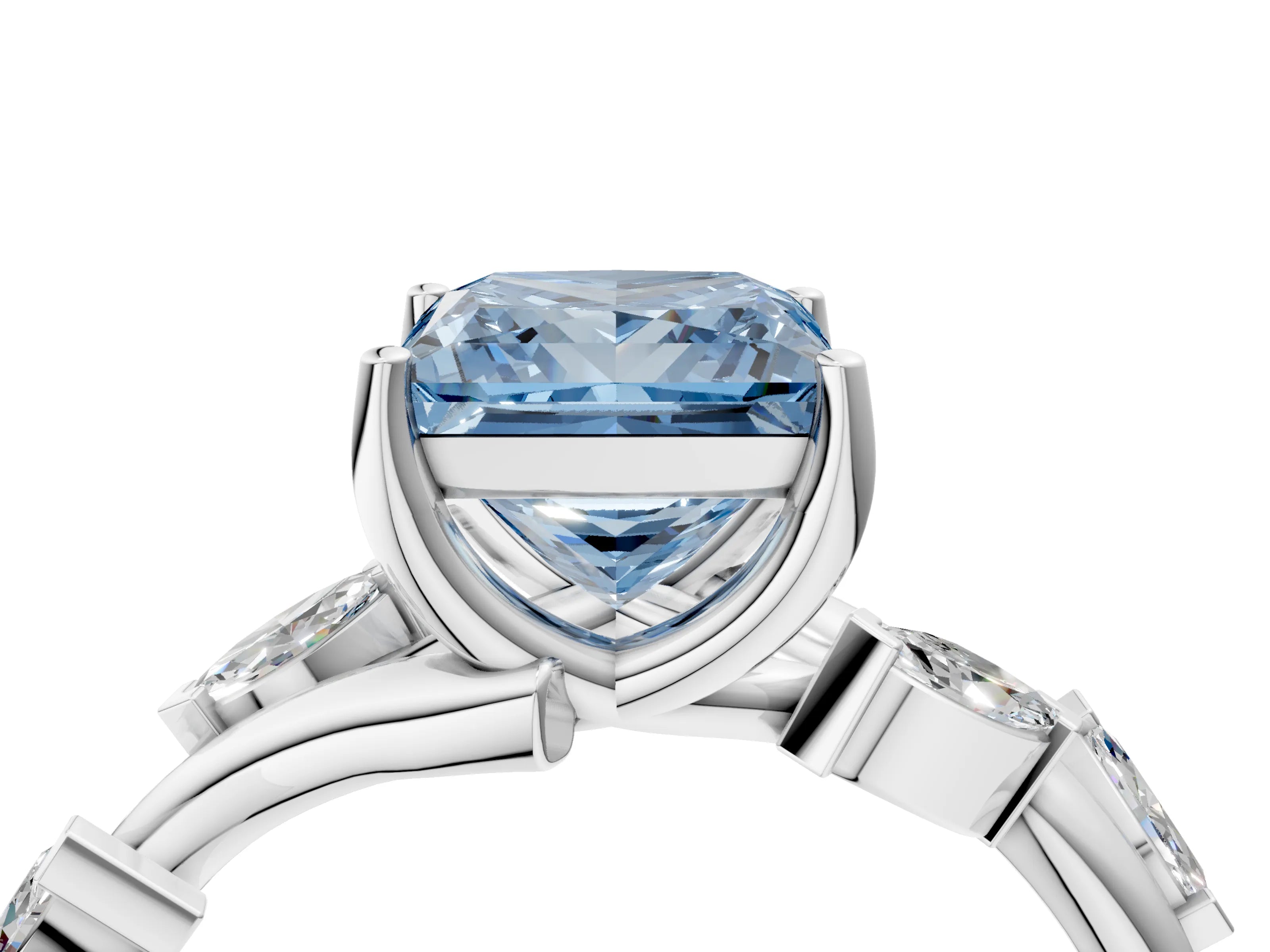 White gold Fancy Blue Princess Cut Solitaire Twisted Band Marquise Accent Prong Setting Ring_4