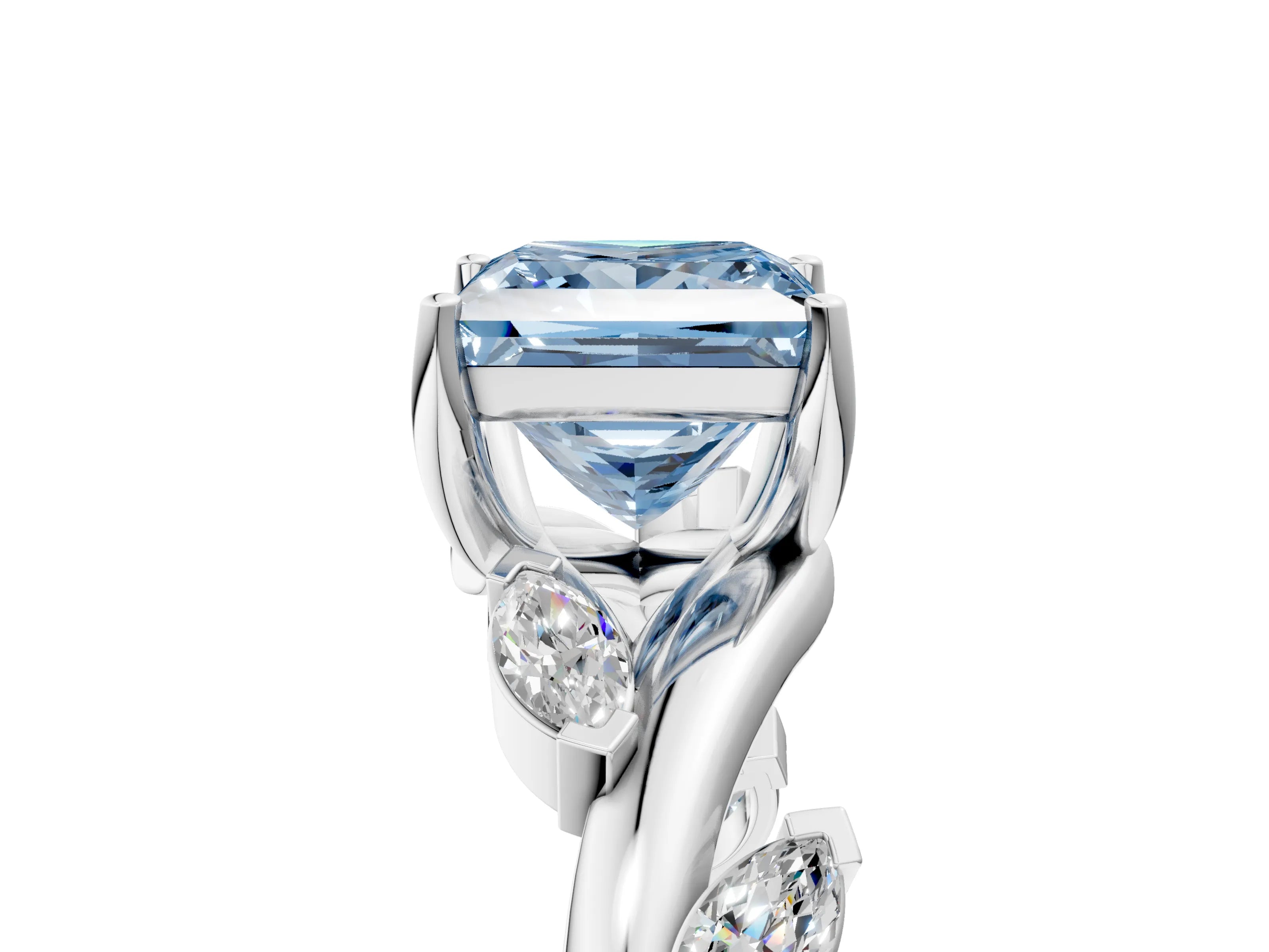 White gold Fancy Blue Princess Cut Solitaire Twisted Band Marquise Accent Prong Setting Ring_5