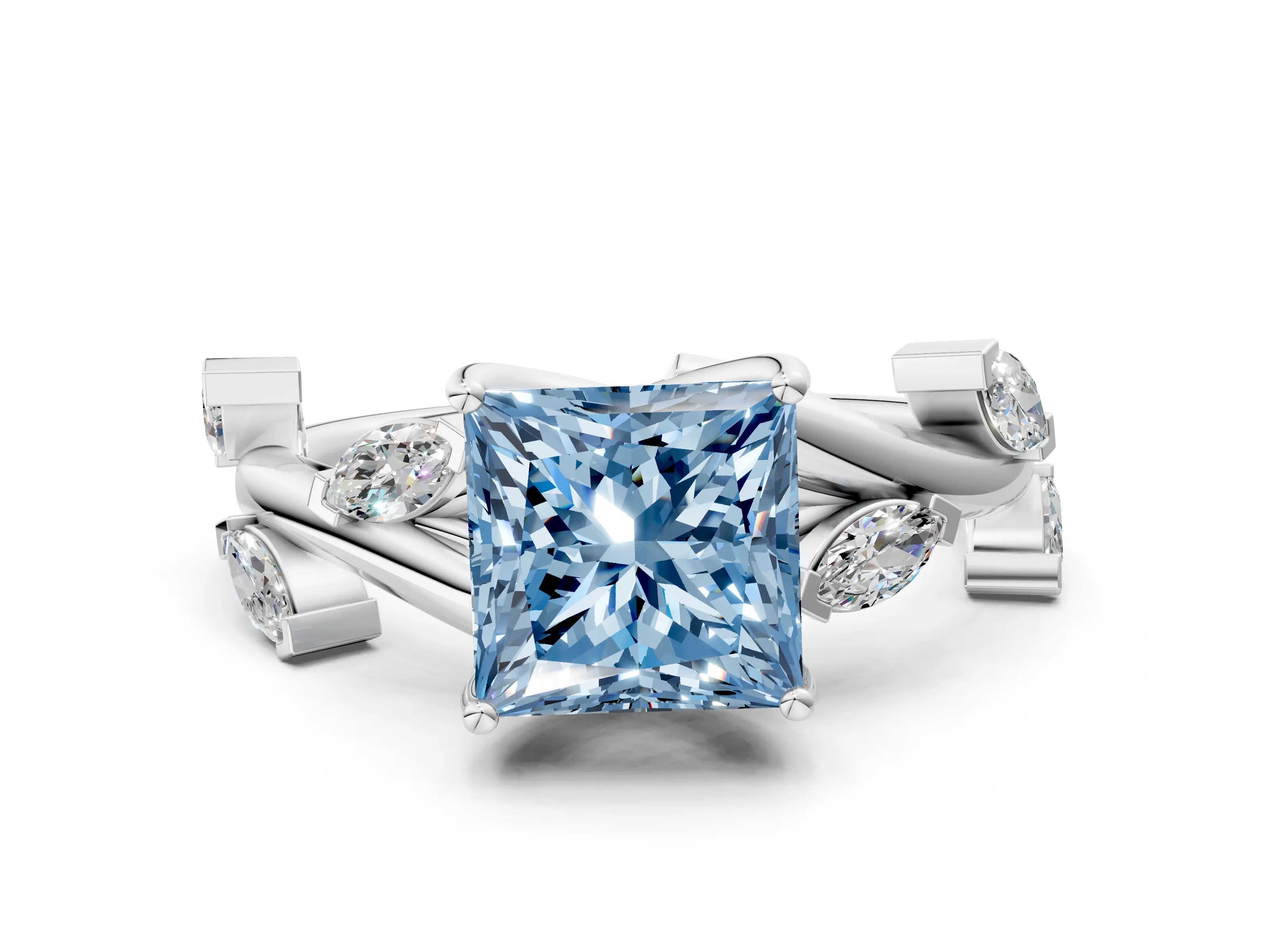 White gold Fancy Blue Princess Cut Solitaire Twisted Band Marquise Accent Prong Setting Ring