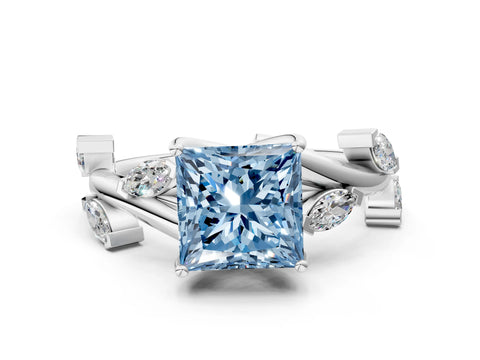 White gold Fancy Blue Princess Cut Solitaire Twisted Band Marquise Accent Prong Setting Ring