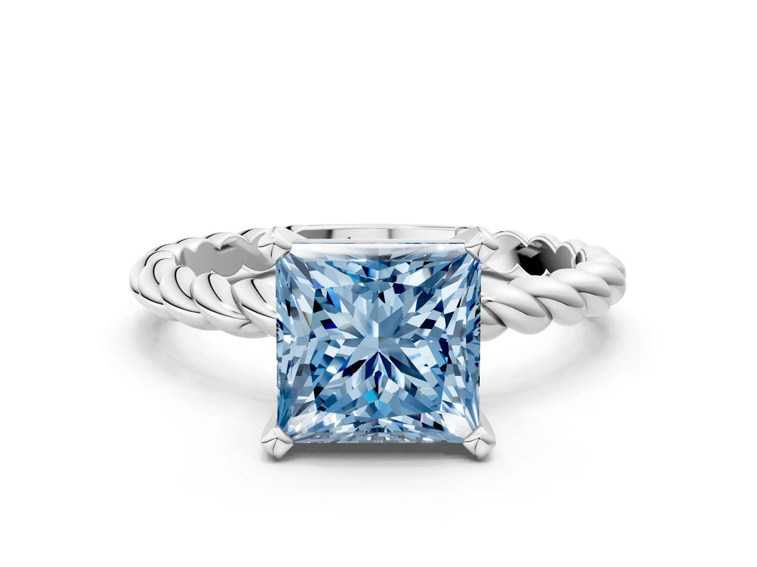 White gold Fancy Blue Princess  Cut Solitaire Twisted Band with Four-Prong Setting_70