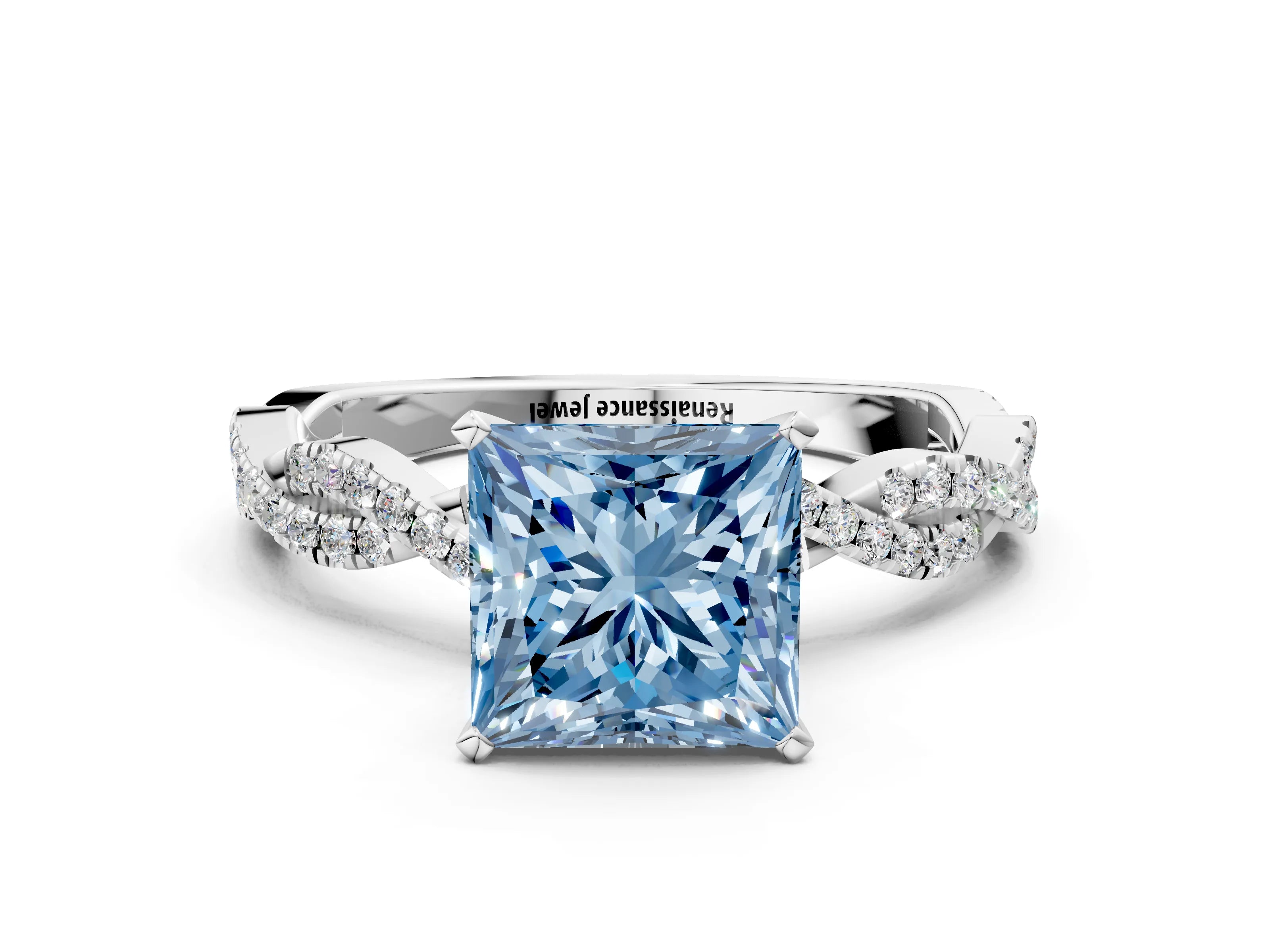 White gold Fancy Blue Princess Cut Solitaire Twisted Pave Band with Four-Prong Setting_26