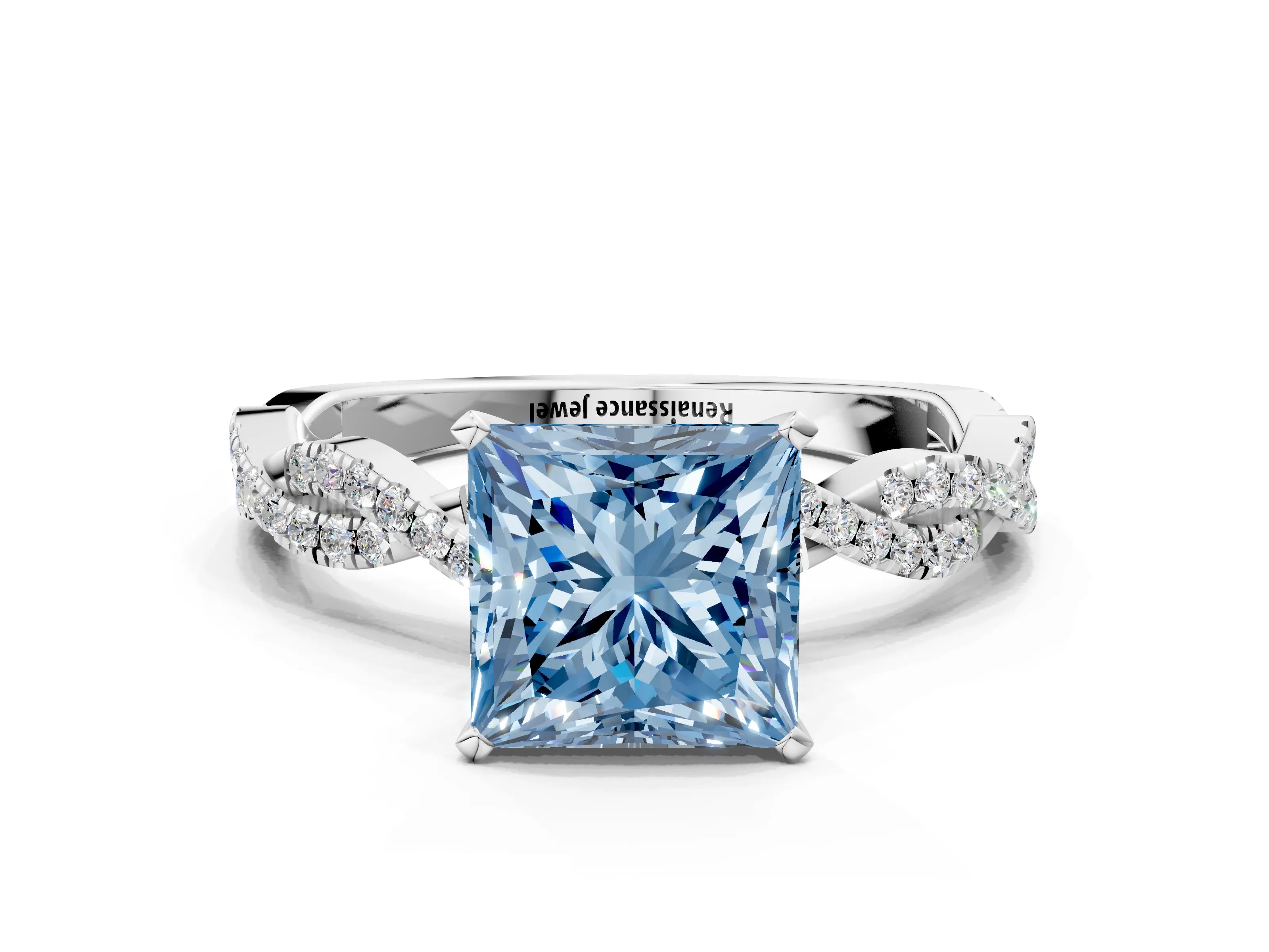 White gold Fancy Blue Princess Cut Solitaire Twisted Pave Band with Four-Prong Setting_33
