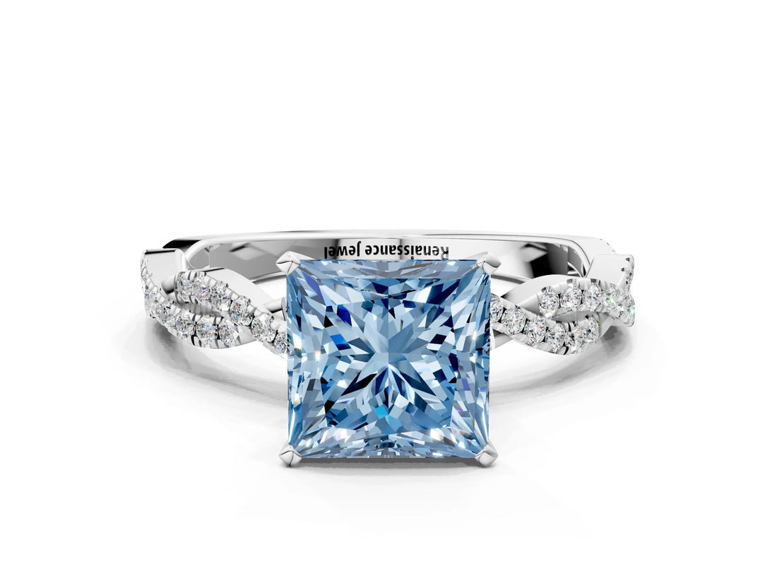 White gold Fancy Blue Princess Cut Solitaire Twisted Pave Band with Four-Prong Setting_39