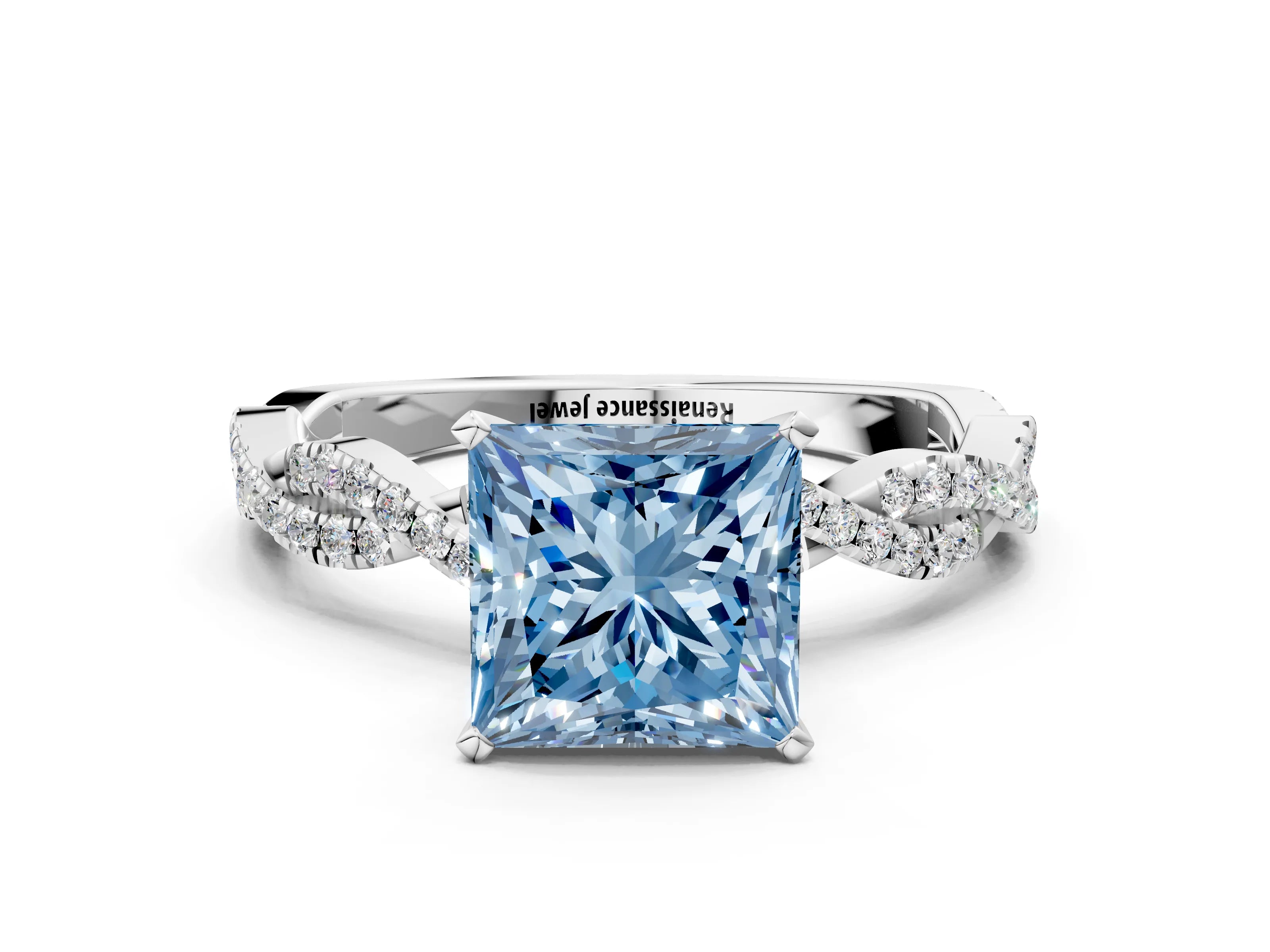 White gold Fancy Blue Princess Cut Solitaire Twisted Pave Band with Four-Prong Setting_9
