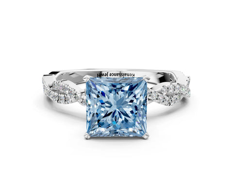 White gold Fancy Blue Princess Cut Solitaire Twisted Pave Band with Four-Prong Setting_9