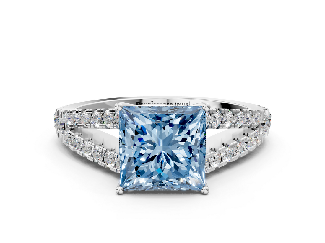 White gold Fancy Blue Princess  Cut Split Shank Pave Diamond Engagement Ring with Four-Prong Setting_24