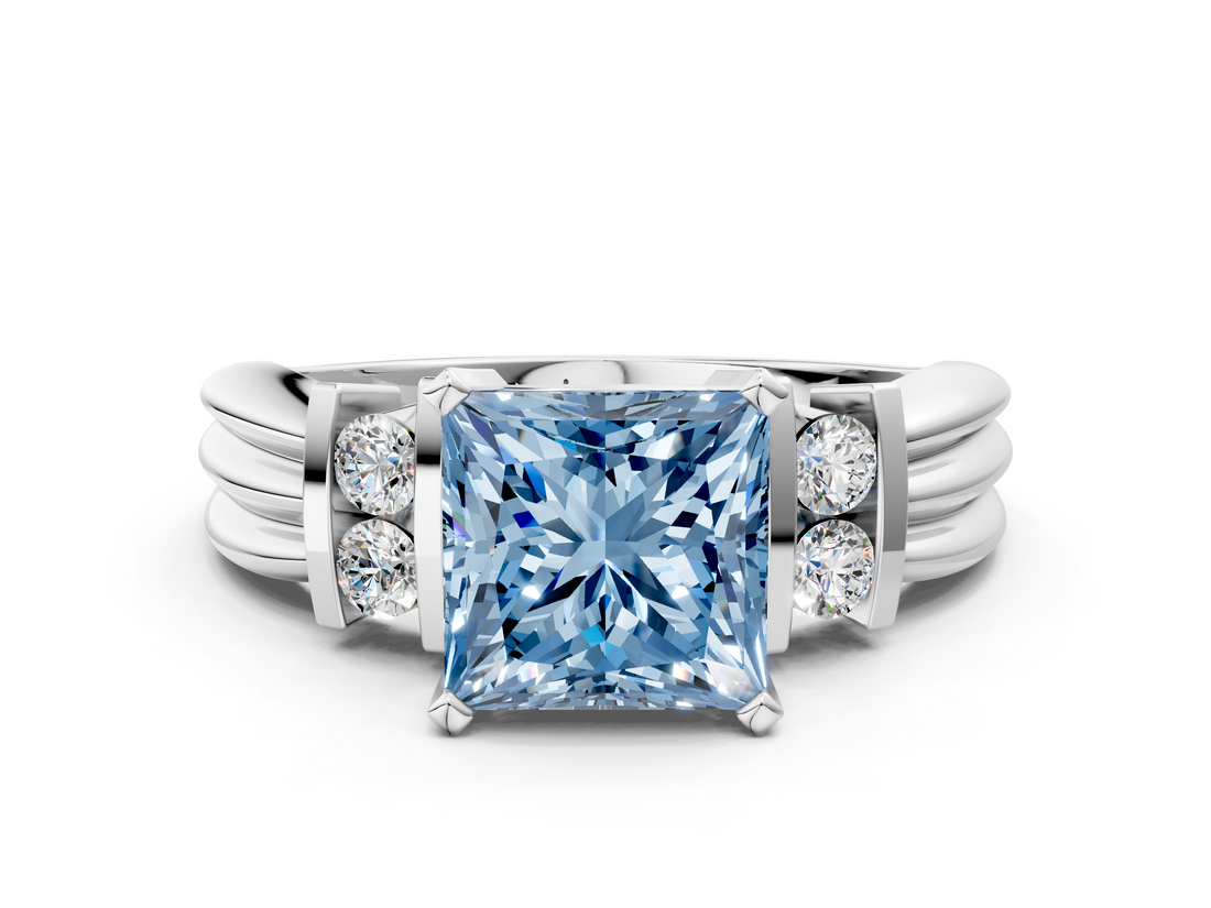 White gold Fancy Blue Princess  Cut Three-Stone Channel Set Ring with Bar Prongs_28