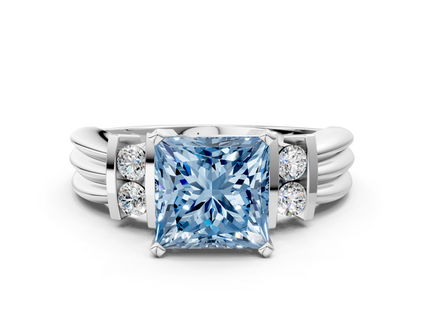 White gold Fancy Blue Princess  Cut Three-Stone Channel Set Ring with Bar Prongs